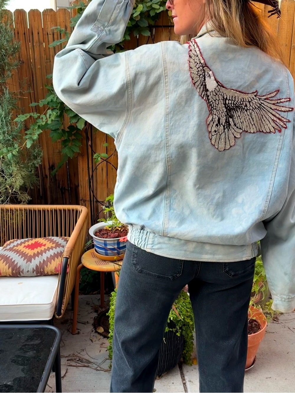 Vintage Western Blue Creek Denim Jacket with Metallic Eagle Appliqué